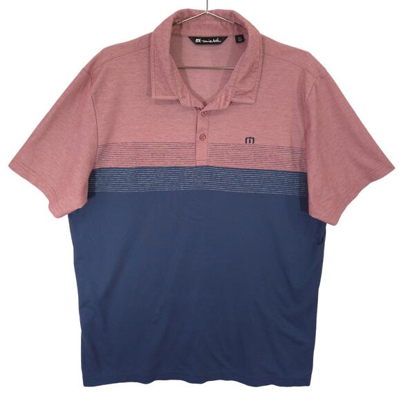 Travis Mathew Polo Mens XXL Red Navy Heather Stripe Logo Short Sleeve Golf Shirt - Picture 1 of 9